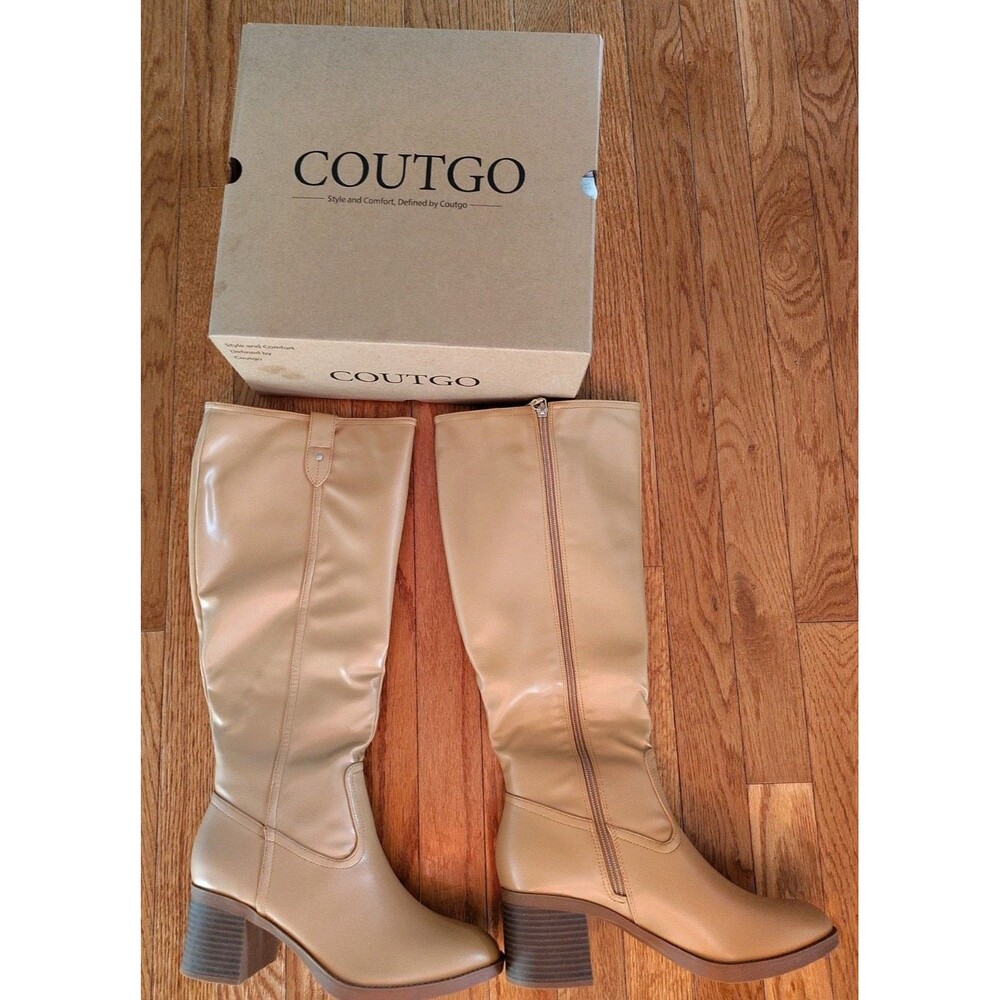 Coutgo Womens Knee High Boots Size 8 Black Pointed Toe Low Chunky Heel Side Zip